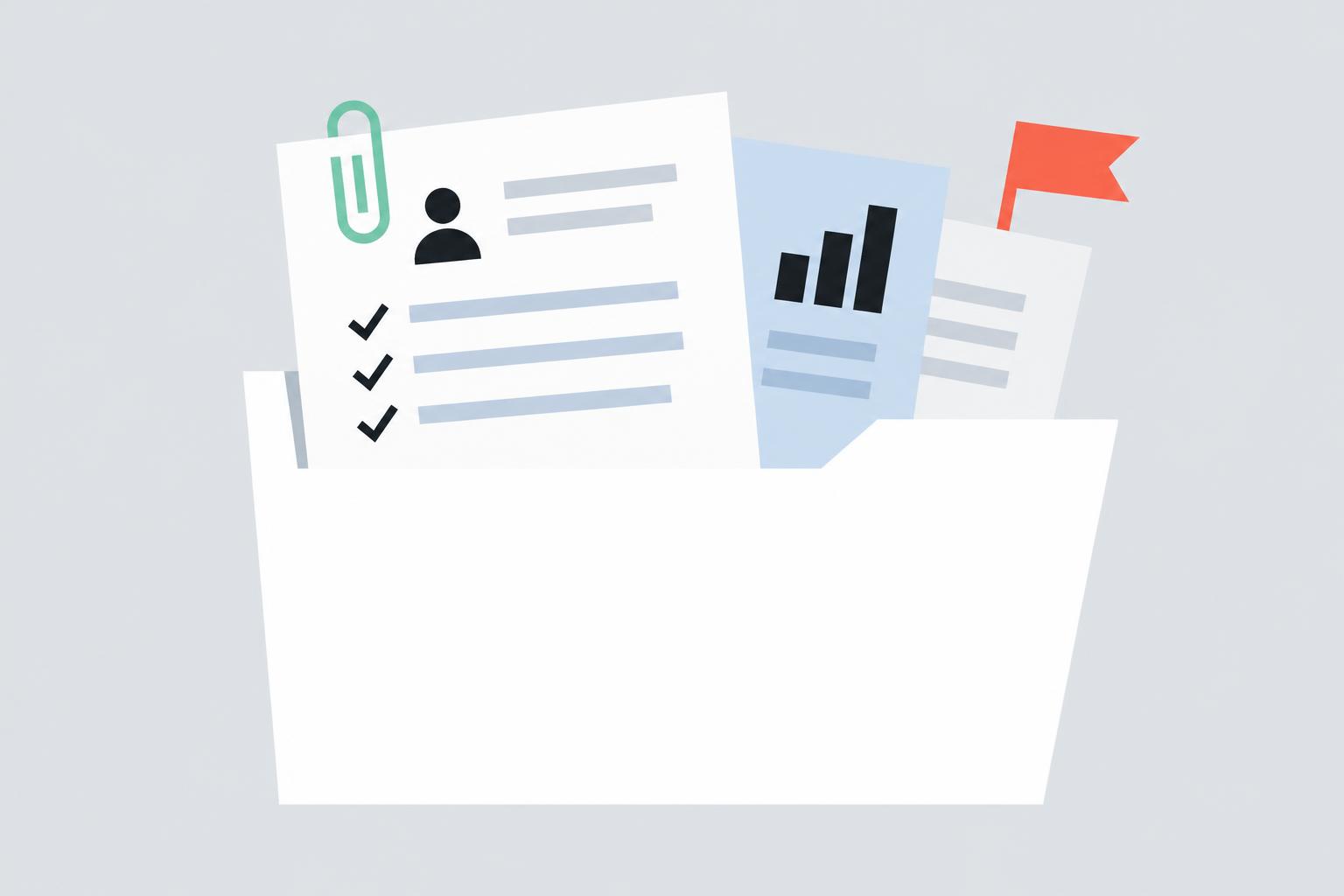 Illustrated folder containing organised evidence documents